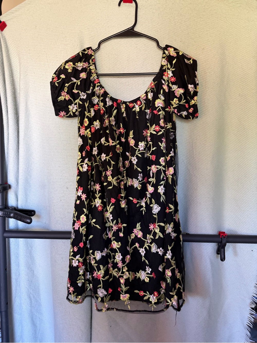 Kimchi Blue Black Mini Dress with Pink & Green Floral Embroidery